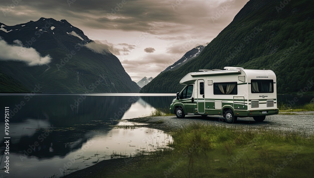 recreational vehicle, located on the lakeshore. recreational vehicle, located on the lakeshore.