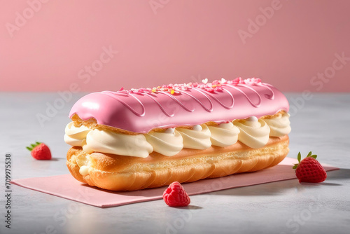 Valentine food, pastel toned eclair silke leffler on a light background. photo