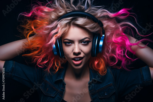 portrait of a girl in headphones on a black background