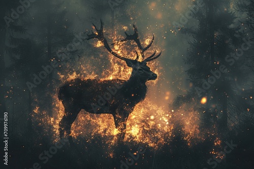 A forest fire is a catastrophe that burns all living things. A full-length deer stands in a burning forest. Double exposure. Ecological catastrophe. protect the forest from fire