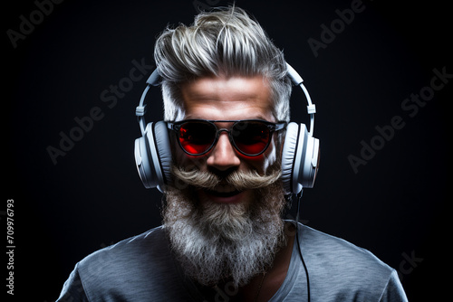 man in headphones on a black background © EwaStudio