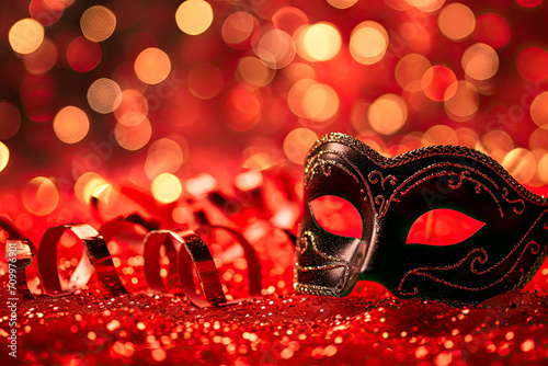Carnival party background.Venetian mask on red glitter background. Copy space