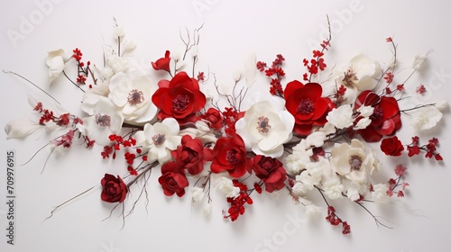 white and red flowers artfully arranged on a pristine white surface.