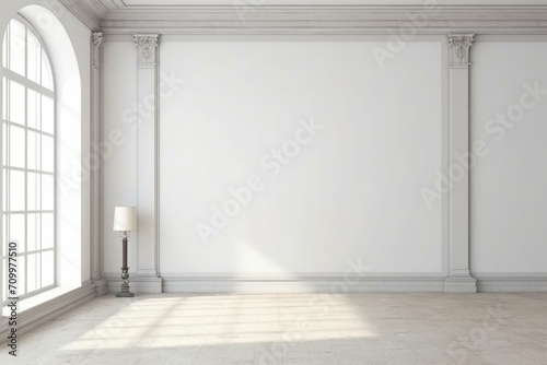 Empty frame on white wall in vacant room. Design template for mock-ups. Generative AI