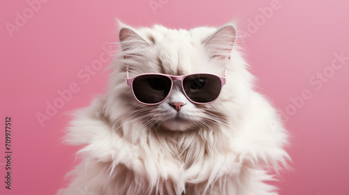 Cool brutal cat with glasses. Fluffy and cute cat on the pink background