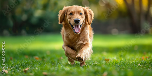 Happy cute golden retriever running smiling across green lawn photo