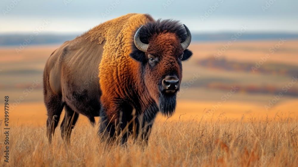 a bison standing in the middle of a field of tall grass with a mountain ...