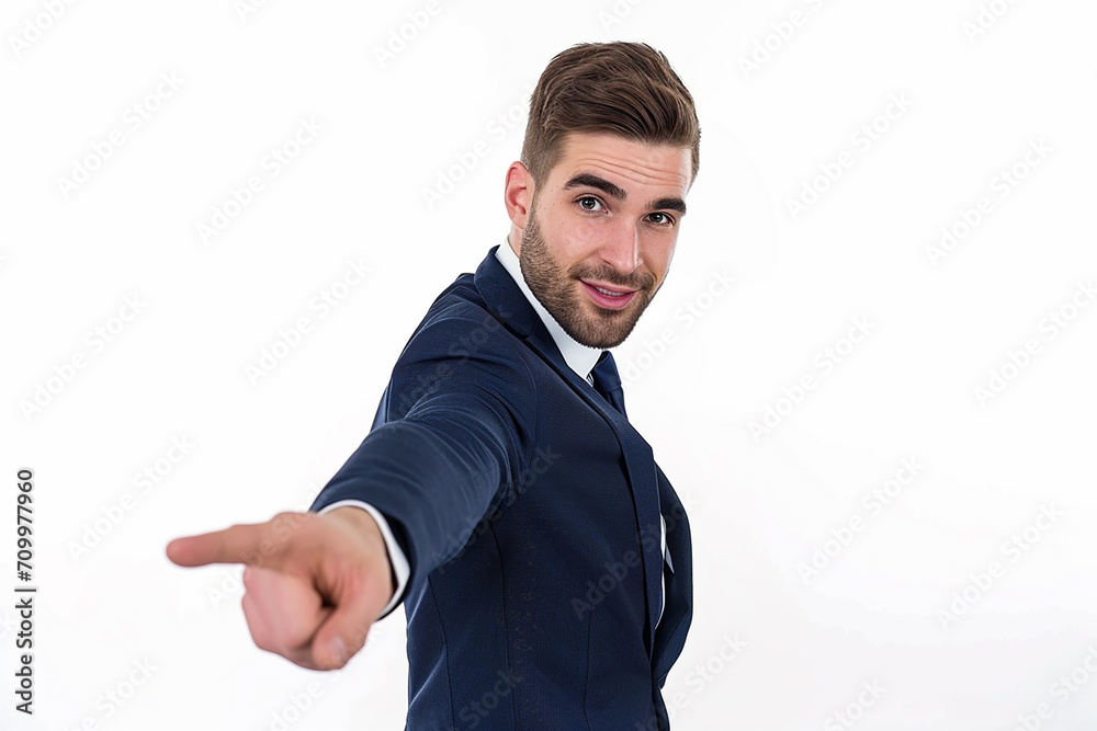 handsome businessman pointing at camera praising employee on white isolated background