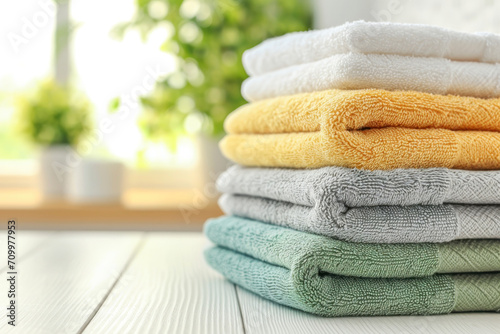 stack of fresh towels in the bathroom 