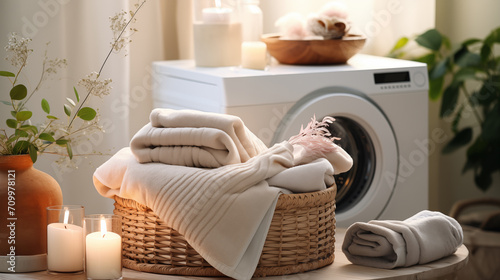 washing machine and basket with clean and dirty things, house cleaning