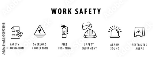 Work Safety icon issolated background. Information, Overload Protection, Fire Fighting, Equipment, Alarm Sound, Restricted Areas, flat simple infographics design template. vector illustration. photo