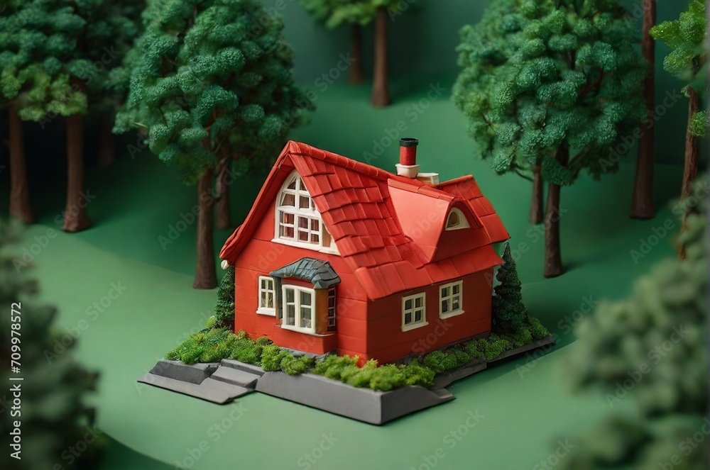 A miniature house with a red roof against a background of green forest. The concept of country life, real estate, privacy, family hearth, toy house. AI generated