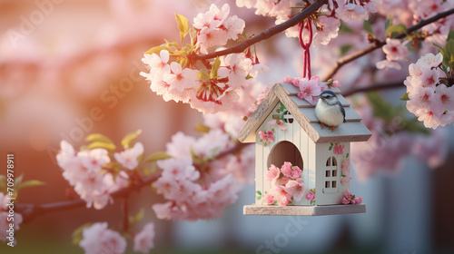 decorative birdhouse hung on a tree branch © Katrin_Primak