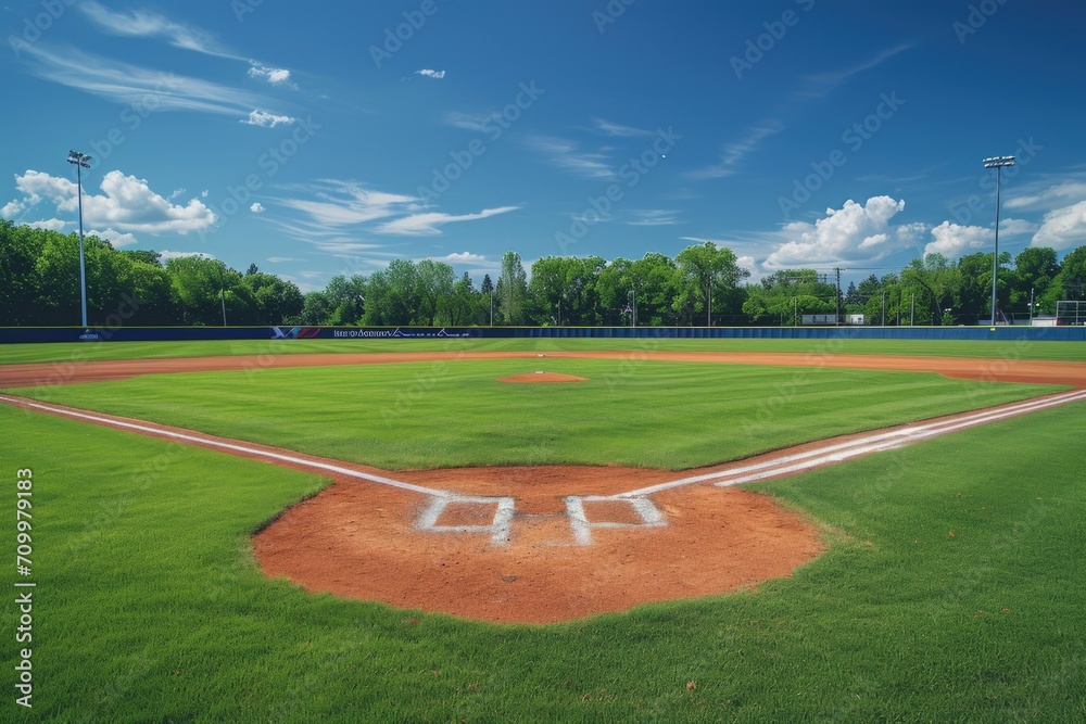 Landscape with baseball field and trees in the background, sports and leisure concept. - obrazy, fototapety, plakaty 