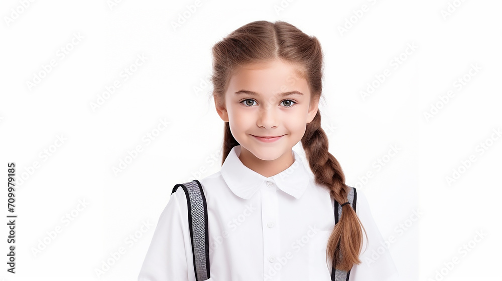 happy smart small student girl with book and bag on white isolated background happy smart small student girl with book and bag on white isolated background