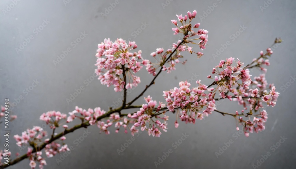 small pink blooms on branches against a grey background
