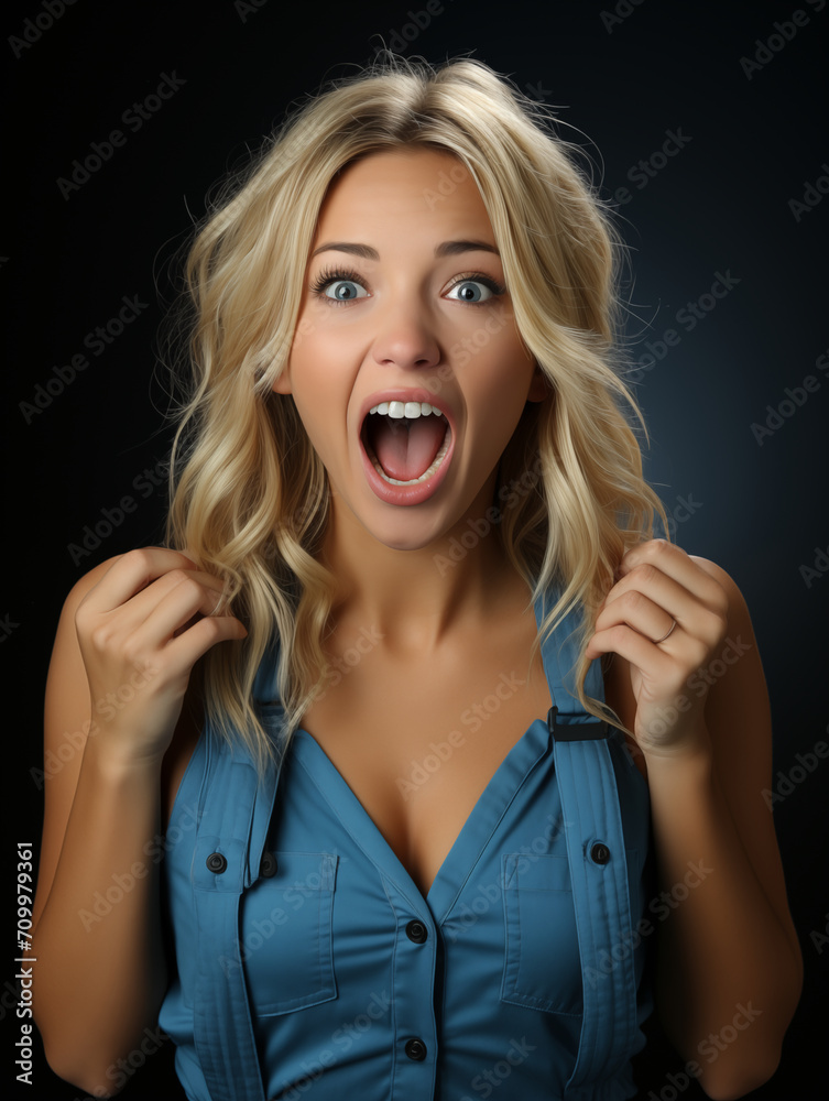 Ten obrazek przedstawia kobietę z otwartymi ustami do krzyku i uniesionymi rękami. To ujęcie może symbolizować wyrazisty moment wyładowania emocji. - obrazy, fototapety, plakaty 