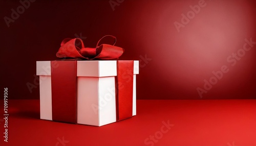 blank display red corner gift box mockup stand with red ribbon bow on dark red background minimal conceptual 3d rendering