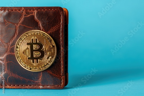 Leather and bitcoin wallet, concept of crypto assets, investments and business.