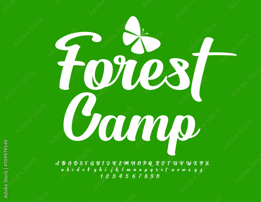 Naklejka premium Vector eco concept Forest Camp. with decorative Butterfly. Beautiful Calligraphic Font. Trendy White Alphabet Letters und Numbers.