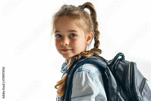 happy smart small student girl with book and bag on white isolated background