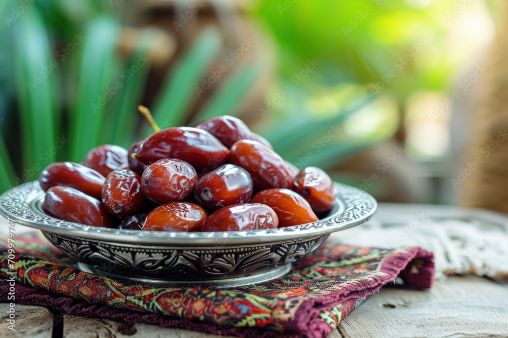 Dates on a silver plate decoration, Arabic food for Ramadan. Dates on a silver plate decoration, Arabic food for Ramadan.