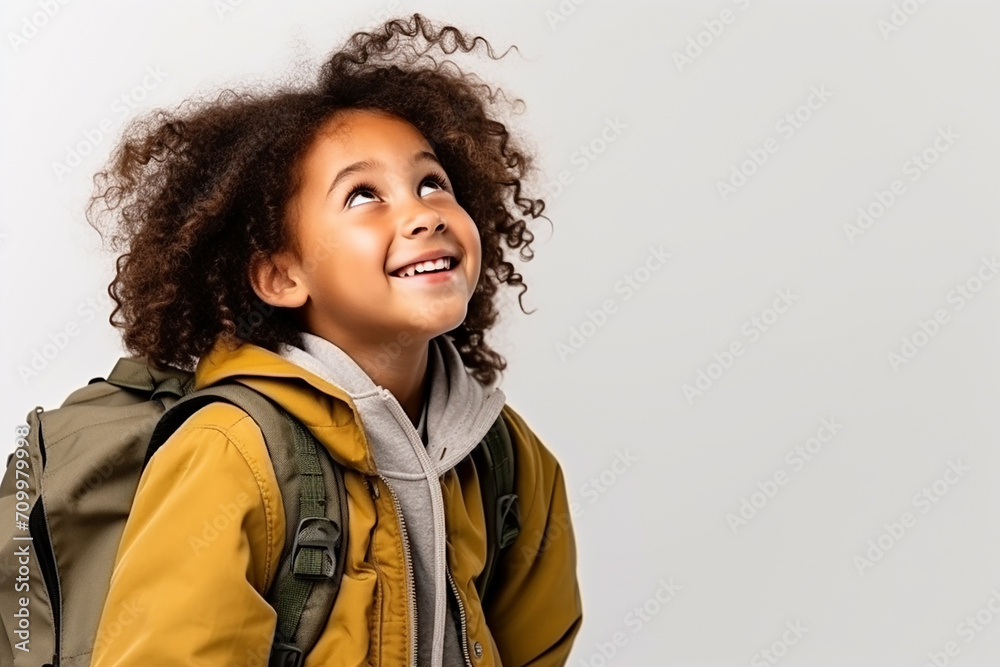 happy smart small student girl with book and bag on white isolated background happy smart small student girl with book and bag on white isolated background