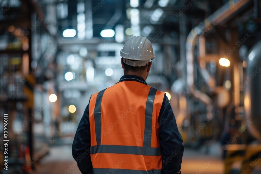 Engineer from the back with uniform and helmet, work in progress in the background, construction concept.