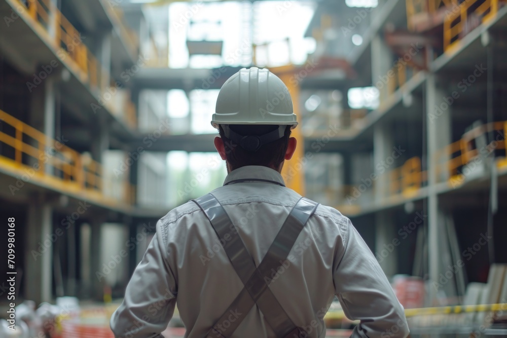 Engineer from the back with uniform and helmet, work in progress in the background, construction concept.