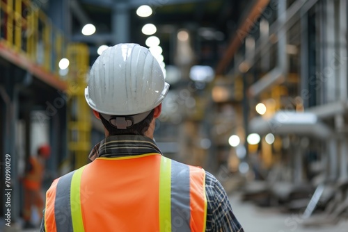 Engineer from the back with uniform and helmet, work in progress in the background, construction concept.