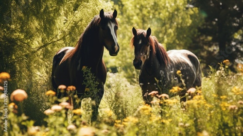 Two horses grazing in the meadow