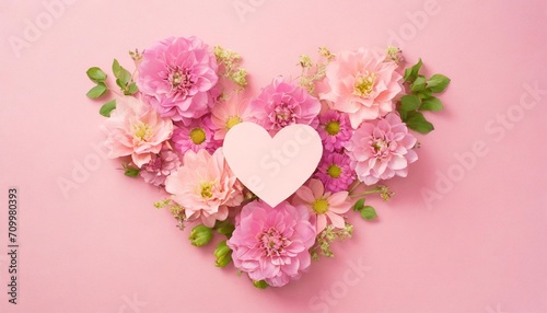 creative layout with pink flowers paper heart over punchy pastel background top view flat lay spring summer or garden concept present for woman day