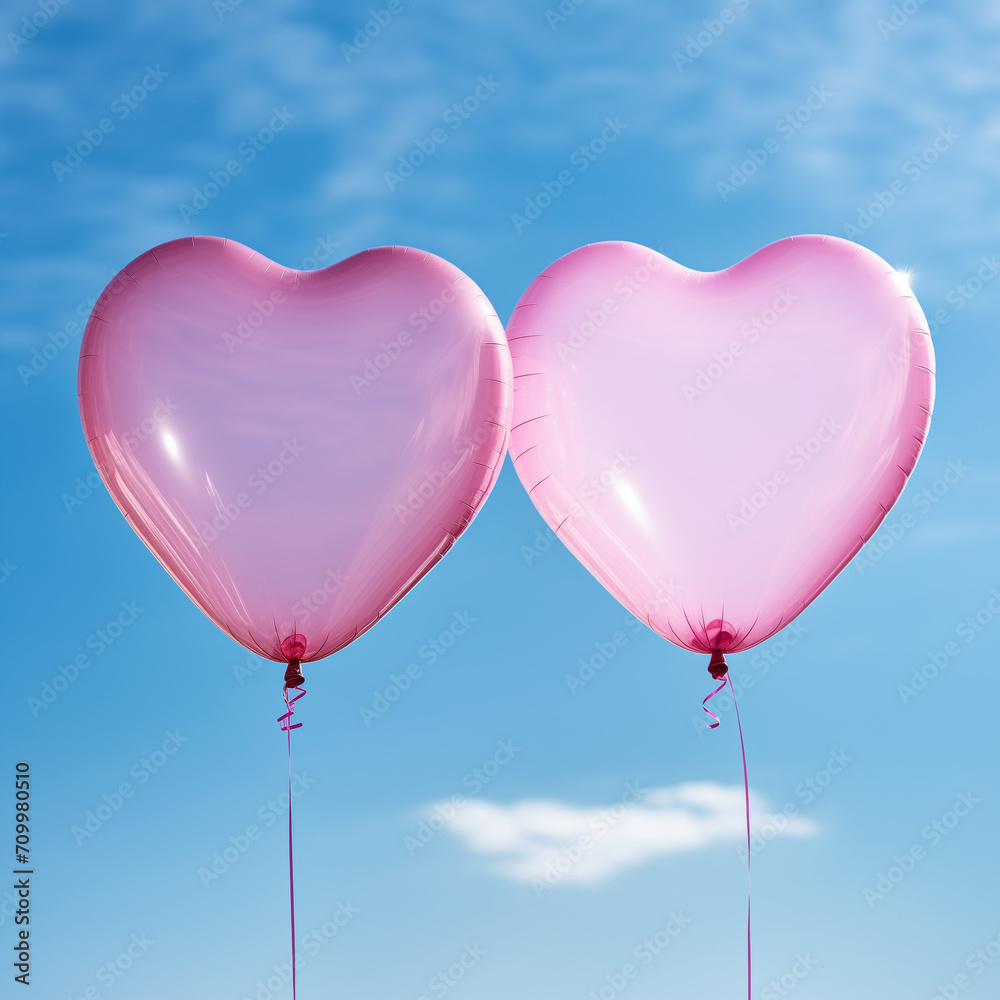 Two pink balloons in shape of hearts are floating in the blue sky. Minimal love concept.