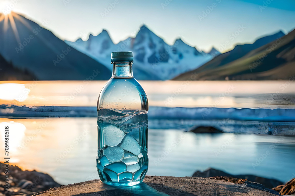 Obraz premium mineral water bottle template , mountain lake landscape