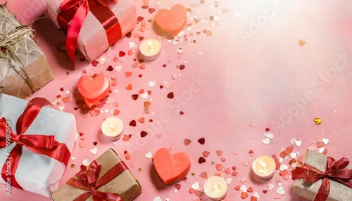 valentine s day frame made of gifts candles confetti on pink background valentines day background flat lay top view copy space