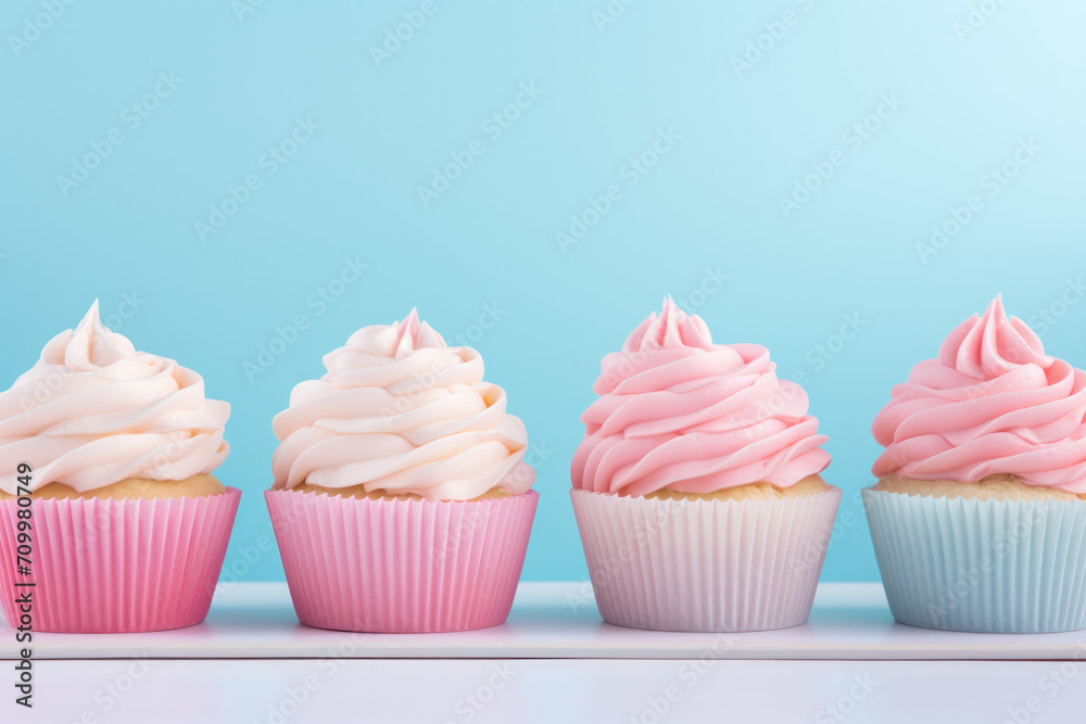 Blue and pink cupcakes with cream on the top 