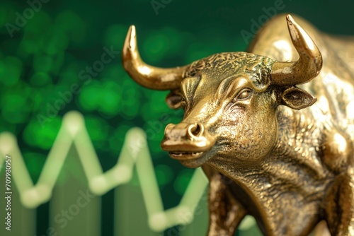 Golden bull and graph on green background  concept of stock exchange  shares and funds.