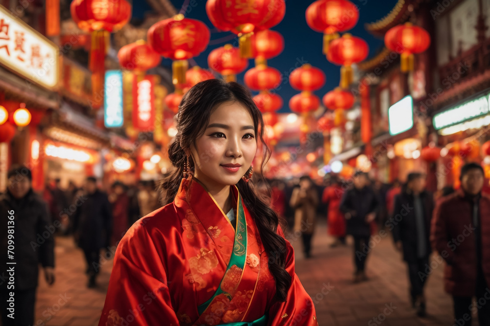 The audience in the energetic celebration of Chinese Lunar New Year in Chinatown. Enhance the festive aura with a defocused background