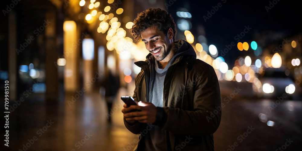 attractive beautiful young black or arab man using and texting on his smart phone mobile for service 5g digital communication and online social media city banner - obrazy, fototapety, plakaty 