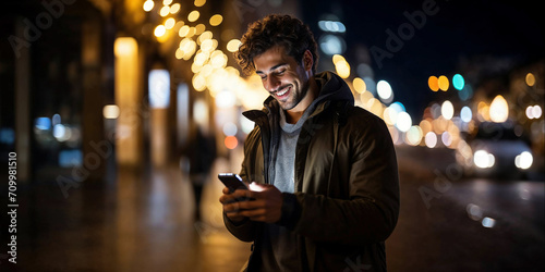 attractive beautiful young black or arab man using and texting on his smart phone mobile for service 5g digital communication and online social media city banner photo