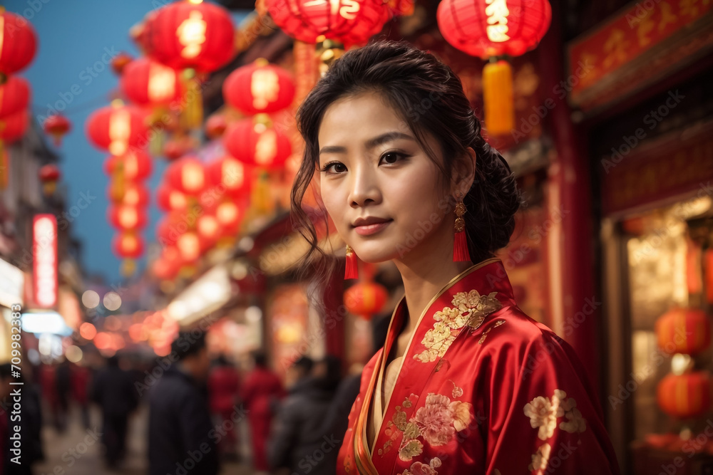 The audience in the energetic celebration of Chinese Lunar New Year in Chinatown. Enhance the festive aura with a defocused background