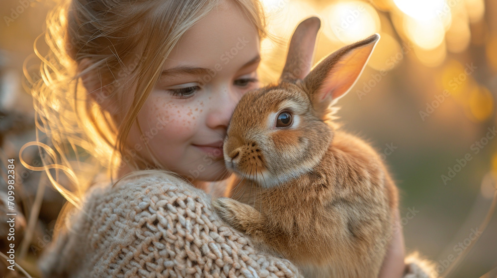 An endearing image of a girl sitting on a rustic porch, embracing a curious rabbit in her arms, as dappled sunlight enhances the cozy atmosphere, creating a timeless and picturesqu An endearing image of a girl sitting on a rustic porch, embracing a curious rabbit in her arms, as dappled sunlight enhances the cozy atmosphere, creating a timeless and picturesqu