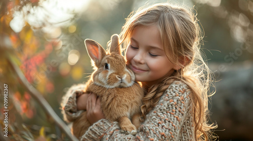An endearing image of a girl sitting on a rustic porch, embracing a curious rabbit in her arms, as dappled sunlight enhances the cozy atmosphere, creating a timeless and picturesqu © Наталья Евтехова