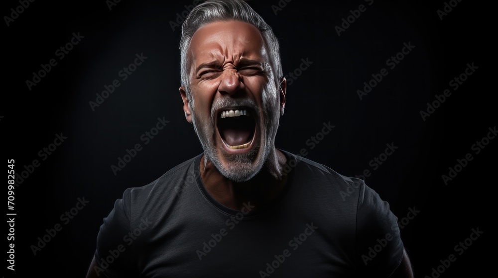 Obraz premium Portrait expression a grown man screaming in dark background. AI generated image
