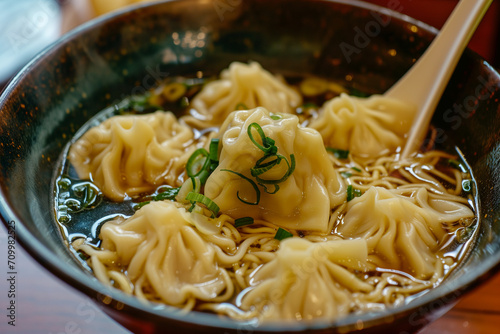 Close-up of a bowl of Chinese wonton noodle soup