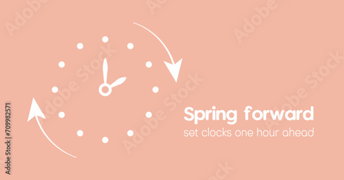 Spring Forward monochrome banner in Minimalist style. Reminder text Set clocks one hour Ahead in March. Hand of face turning to Summer time