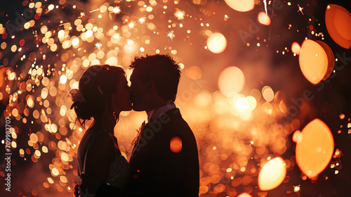 A kiss under a fireworks, blooming in the night sky