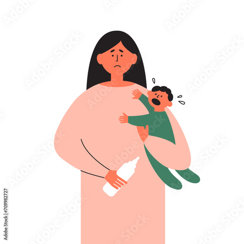 Tired mother holding crying son or daughter on hands. Sad mom bottle feed toddler. Worried female person baby sit. Unhappy woman feeding newborn child. Parent postpartum depression vector illustration