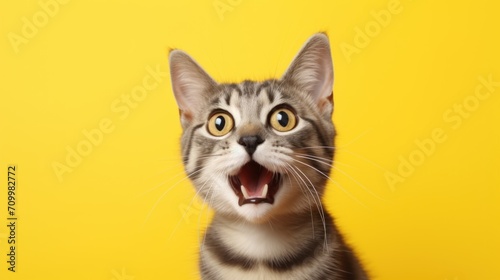 Portrait cute cat expression screaming on bright yellow background. AI generated image photo