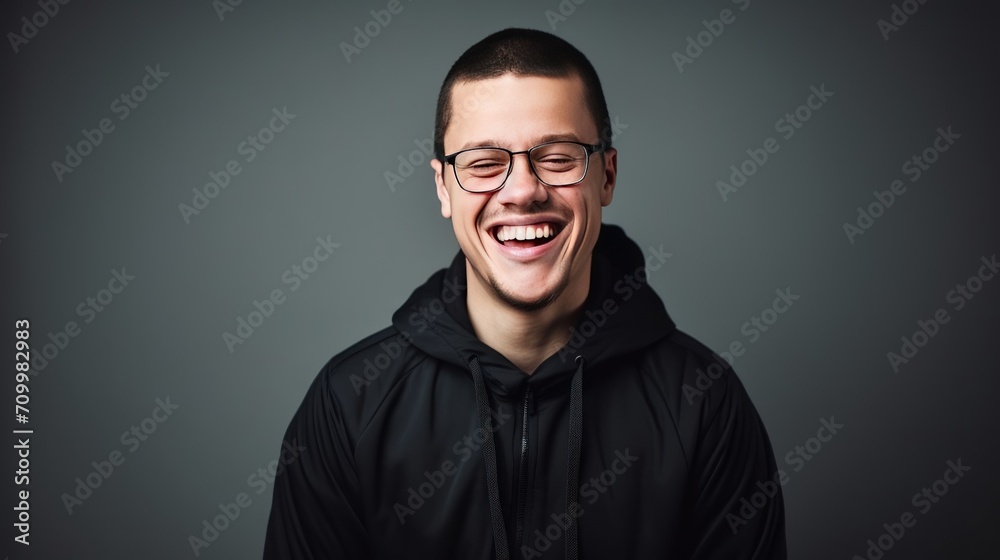 Obraz premium Portrait studio shot a man with Down syndrome who smiles happy every day. AI generated image